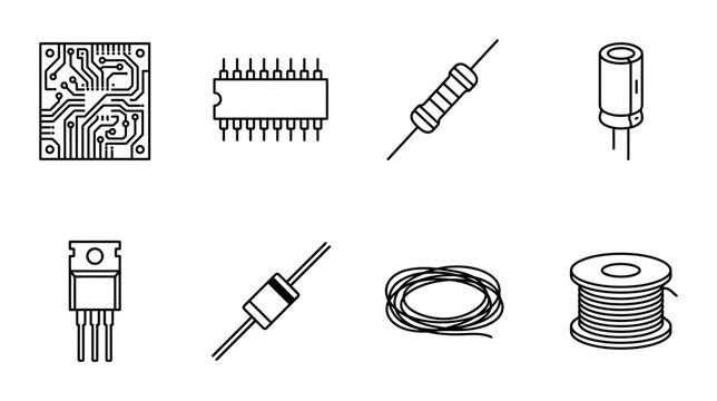 Electronic Components Vector Icons: Circuit Board, Microchip, Resistor, Capacitor, Transistor, Diode, Wire Spool, Technology Elements