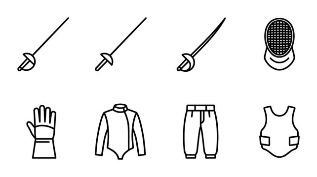 Fencing Equipment Icons, Sport Gear Vector Set, Protective Apparel and Weapons Collection
