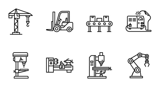Industrial Machinery Icons: Crane, Forklift, Conveyor, Welder, Drill Press, Lathe, CNC Mill, Robotic Arm Set
