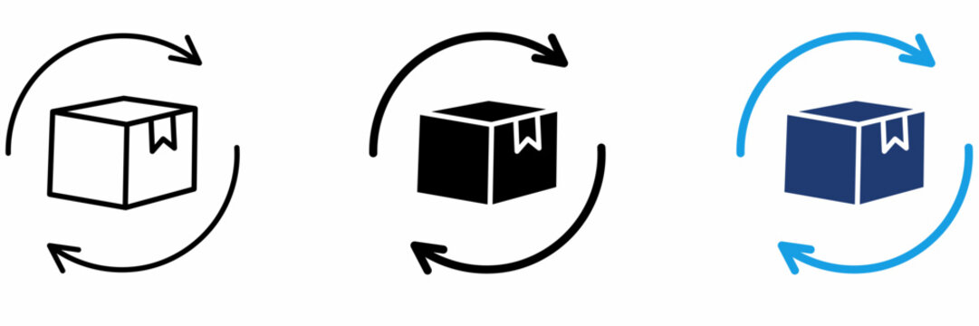 Product Returns Logistics icon collections. Containing Package box, Rotation arrows, Exchange cycle, Reverse logistics and more icons.