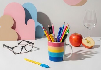 Naklejka premium Stationery and fruit arrangement with colorful pencils and a rainbow mug on a white surface