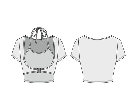 Women's crop top with halter neck and short sleeves vector technical fashion illustration. Front and back view.