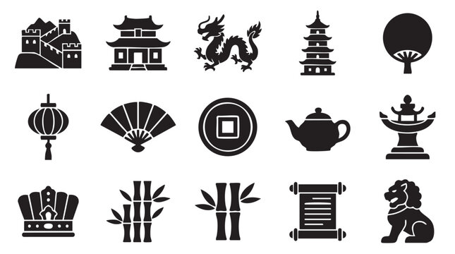 Asian icons, Chinese symbols, cultural vector graphics, 13 black and white illustrations