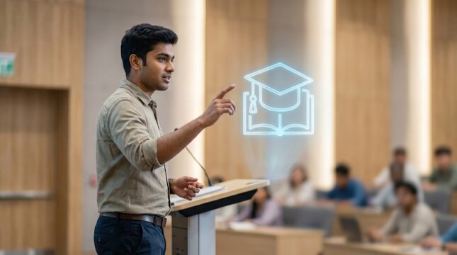 Indian Student Education and Graduation Concept: Glowing Holographic Graduation Cap and Open Book Floating Beside Young Male Presenter in Modern Hall