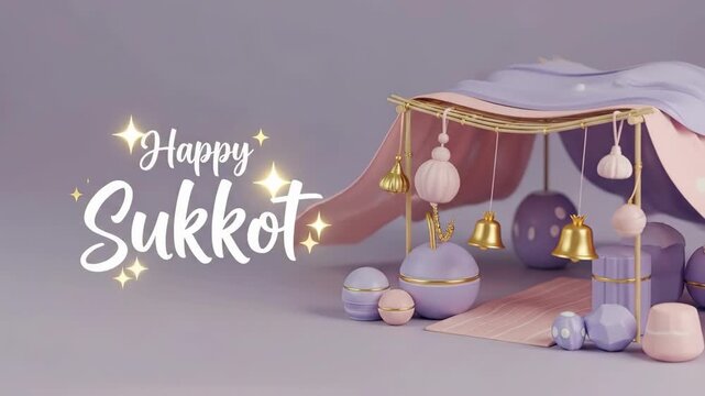 Happy Sukkot greeting with purple sukkah tent and decorations. Hanging lanterns and balls for Jewish holiday celebration. Festival joy and tradition concept