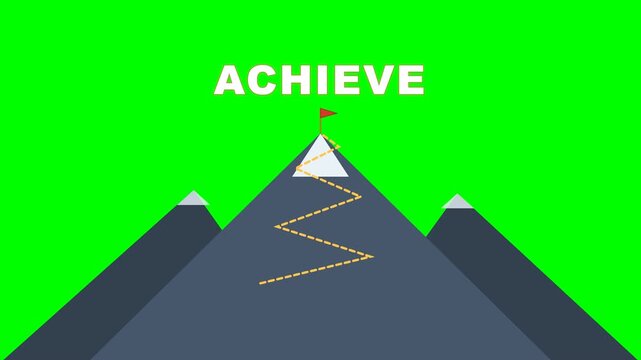 4K green screen ACHIEVE animated title - switchback trail to a flagged summit, kinetic typography motion graphics intro overlay, chroma key