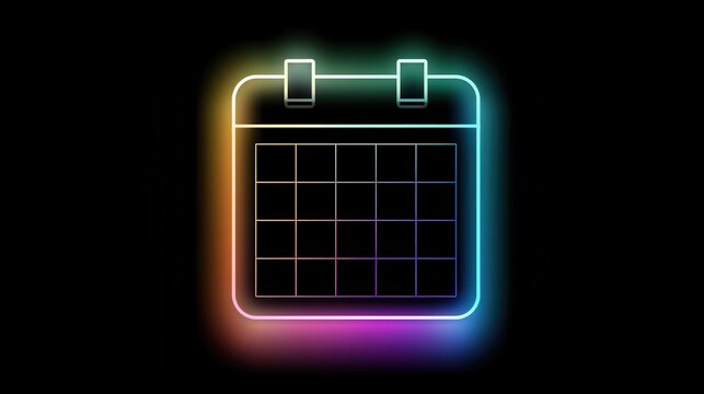 Neon glowing calendar icon on black background