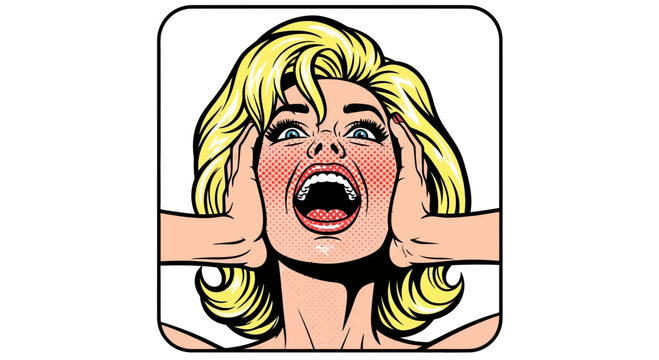 Screaming Woman Pop Art Style, Hands on Head, Shocked Expression, Retro Comic Book Art