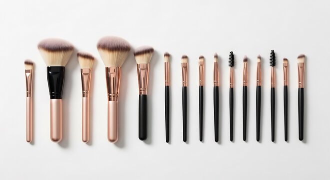 Rose Gold Makeup Brushes Arranged in Straight Row on White Background