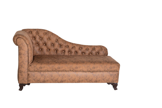 Brown vintage sofa with single-sided armrest and wave-shaped back with stitched upholstery and stretched buttons, isolated with clipped path on white background. Artwork of furniture