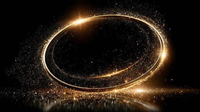 Abstract golden light ring with sparkling dust particles on black background