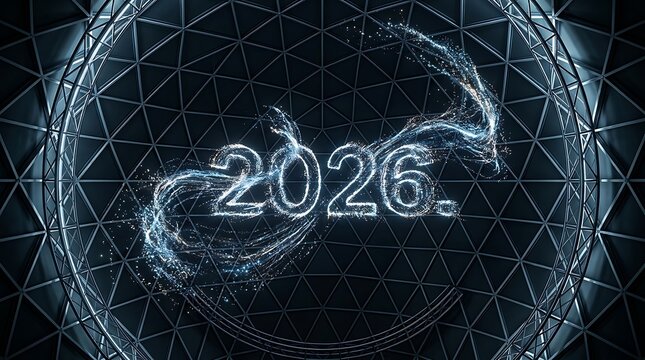 Glowing 2026 particle text inside a futuristic geodesic dome
