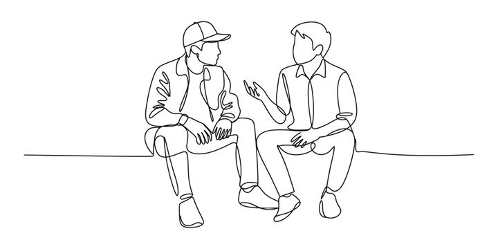 Two young men talking and sitting together line art drawing