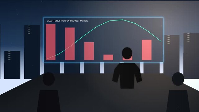 Business meeting with financial chart presentation on screen.