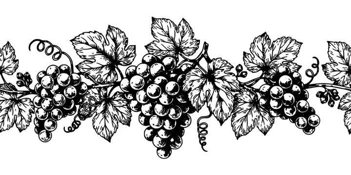 Grapes with Leaves and Vines in a Detailed Black and White Illustration Style, Showcasing Clusters of Fruit and Foliage