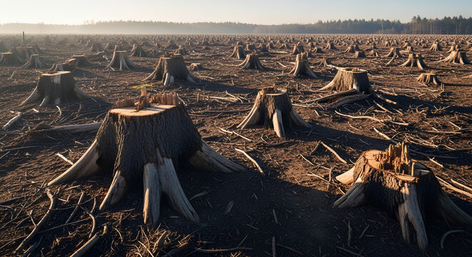 Wide view of a deforested landscape filled with detailed tree stumps under soft morning light, capturing environmental destruction with cinematic realism and natural earth tones.