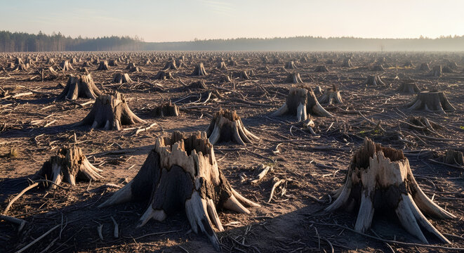 Wide view of a deforested landscape filled with detailed tree stumps under soft morning light, capturing environmental destruction with cinematic realism and natural earth tones.