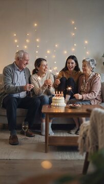 Multi Generational Family Celebrating New Year 2027 at Home with Sparklers and Festive Cake