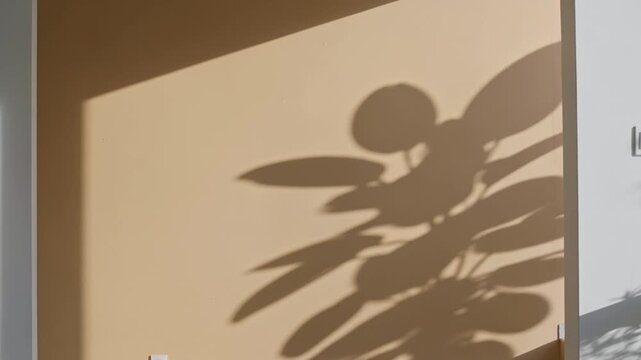 南国植物のシルエットが温かみのあるベージュの壁面に映り、ゆっくりと揺れ動く映像です。
自然光による柔らかな陰影が落ち着いた空間と上質な雰囲気を演出します。