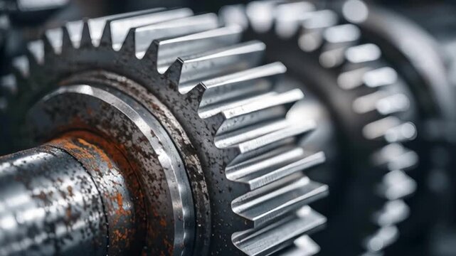 Rusty metal gear closeup industrial machine shaft mechanical part steel tooth macro vdo engineering texture blurred background, gear metal machine