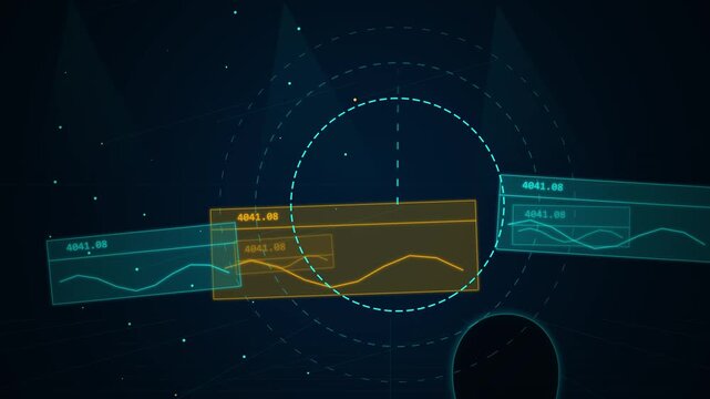 Digital interface with glowing graphs and data visualizations.