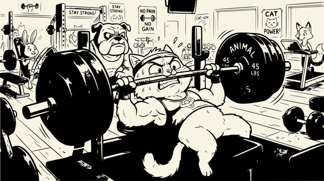 Funny Cat Lifting Weights in Gym with Animals