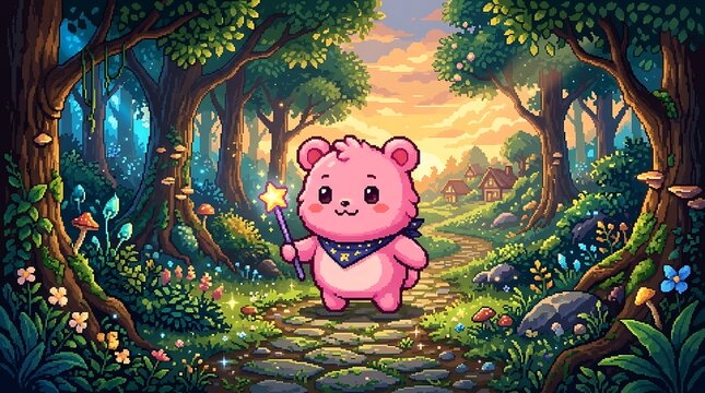 Cute pink bear wizard on a magical forest path at sunset