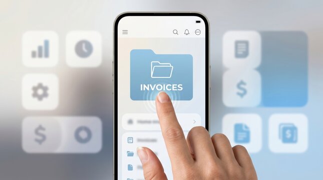 Business invoice on smartphone, digital document, financial app, mobile payment ticket templates set illustration mockup blank icons