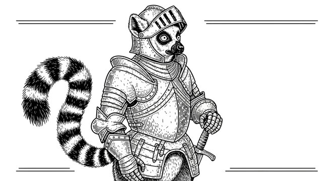 Ring-tailed Lemur Knight in Armor with Sword, Fantasy Animal Warrior Illustration