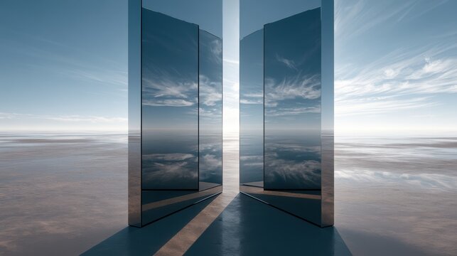 Abstract surreal monoliths reflecting a bright sky and desert landscape
