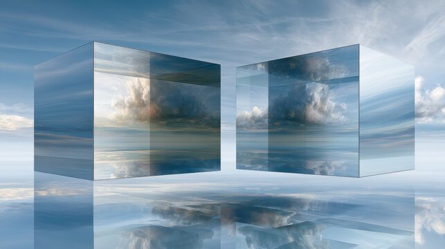 Abstract surreal composition with two reflective glass cubes in the sky