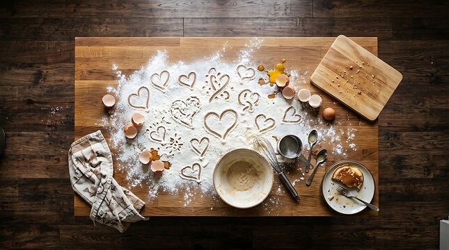 Hearts drawn in flour on a wooden kitchen table with baking tools