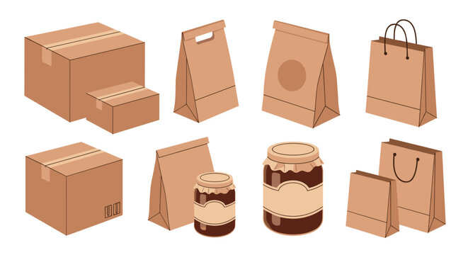 Collection of brown paper packaging materials including boxes bags and jam jars with labels for eco friendly storage.