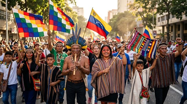 Indigenous people marching through city streets with vibrant flags