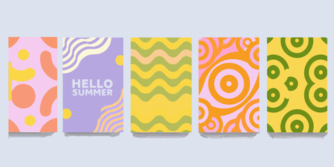 Obraz premium Retro style summer card collection featuring abstract shapes and vibrant color palettes pattern design