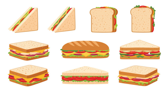 Diverse collection of sandwich types including triangles subs and squares with various fillings on different breads.