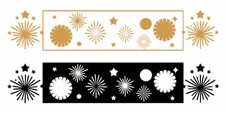 Golden and monochrome fireworks pattern with stars and circular bursts vector illustration firework pyrotechnics