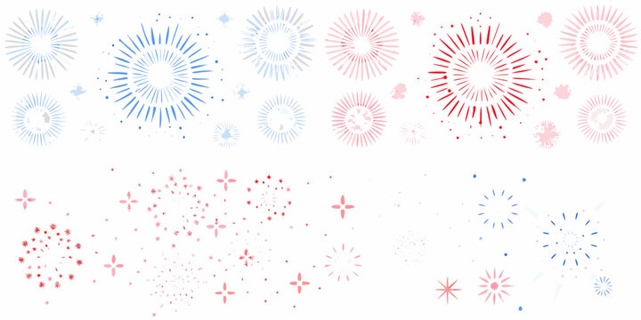 Red and blue firework bursts and trails a vector illustration on a white background