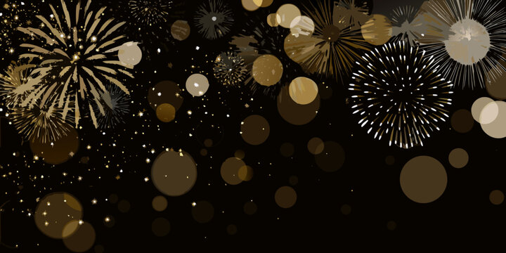 Golden fireworks exploding with bokeh and starburst effects a vector illustration on black celebration