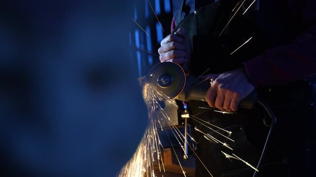 Slow Motion Blacksmith Grinding Metal With Angle Grinder And Flying Sparks