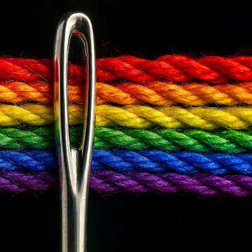 Close up of a sewing needle with colorful rainbow braided rope on a dark background. Craft, tailoring and textile concept. Generative AI illustration.