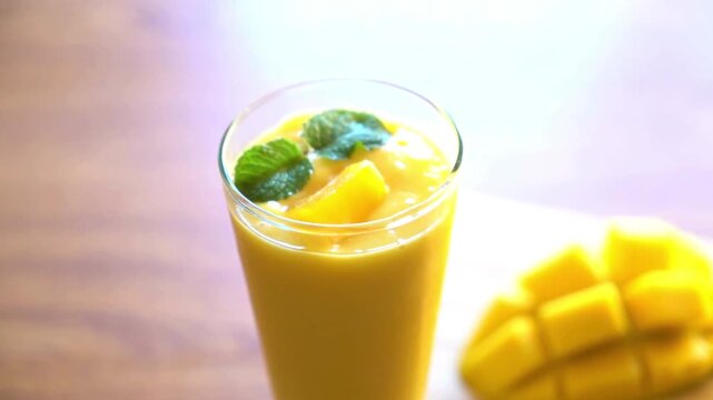 Fresh mango smoothie with mint garnish, tropical fruit shake in glass on wooden table, healthy yellow mango lassi for summer refreshment