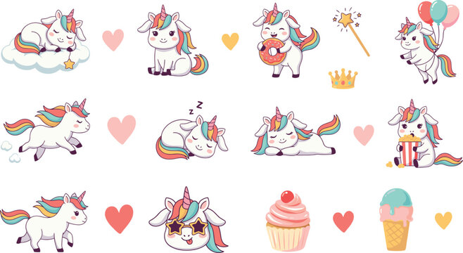 Cute magical unicorn sticker set with rainbow hair eating sweets and sleeping on cloud vector
