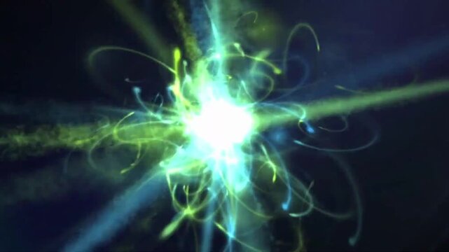 Animation of a glowing atom core with electrons orbiting. Abstract nuclear fusion physics concept, subatomic particles structure model and quantum energy burst.