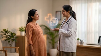 Obraz premium Maternal Healthcare and Medical Appointment Concept: Indian Expectant Mother and Obstetrician viewing Floating Holographic Medical Cross and Calendar Icon