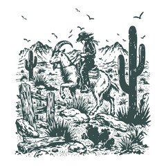 Naklejka premium Vintage Cowboy Riding a Billy Goat Illustration in Wild West Desert Mountain Landscape with Cactus