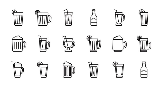Collection of various coffee pots, mugs, and kettles icons in outline style for graphic resources.