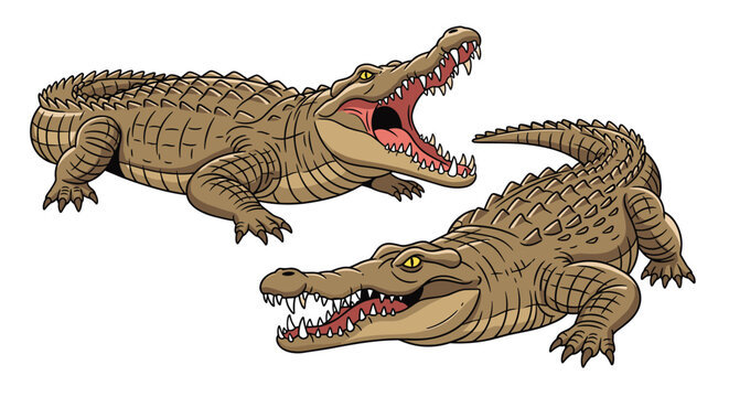 Pair of brown crocodiles or alligators with realistic skin texture shown in different poses including one with a wide open mouth.