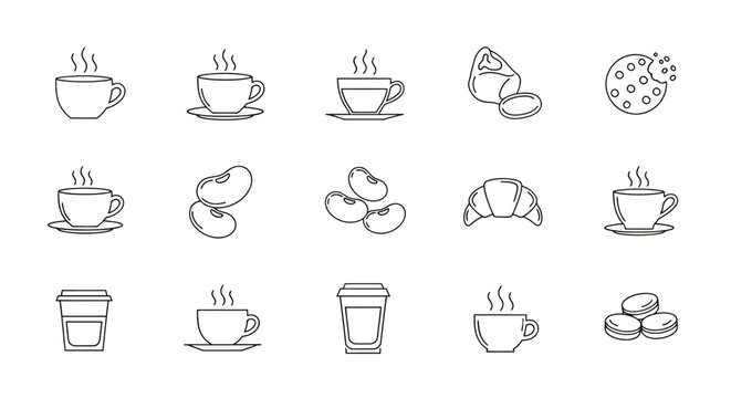 Assorted coffee cups and pastries arranged as doodle icons in a monochrome hand drawn style.