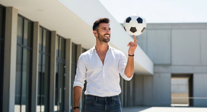 Man skillfully balancing a soccer ball on his finger symbolizing football mastery and world cup inspiration
